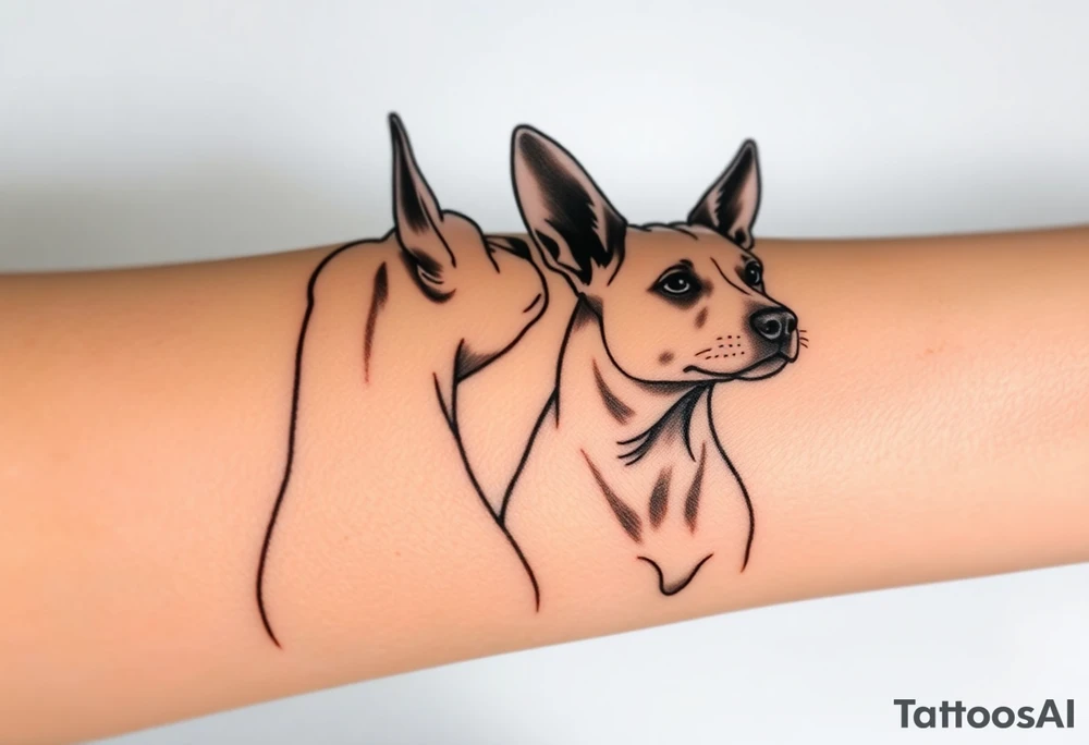 outline of pitbull ears, next to the outline of austrailian cattle dog ears, as they look off into the sunset tattoo idea