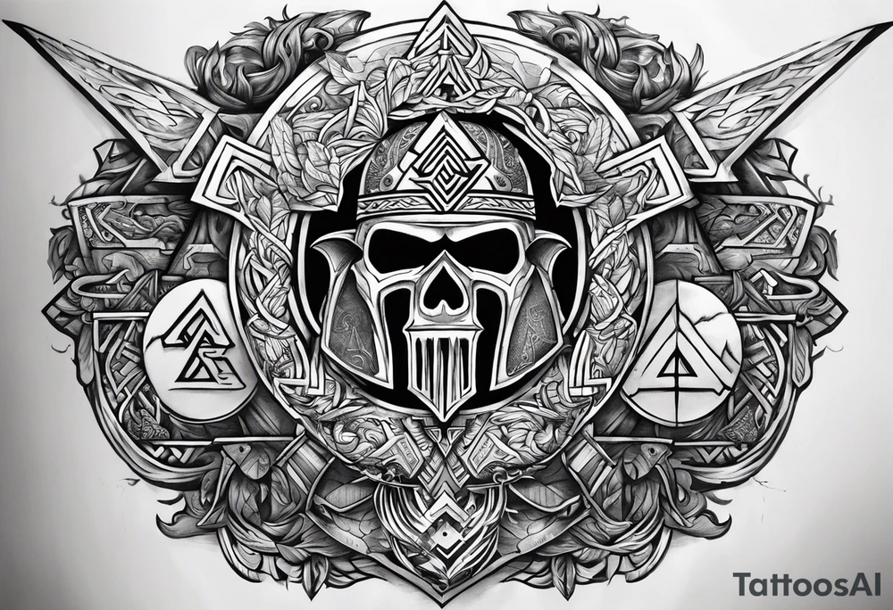 Valhalla sword shield axe Valknut fire tattoo idea