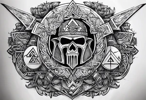 Valhalla sword shield axe Valknut fire tattoo idea