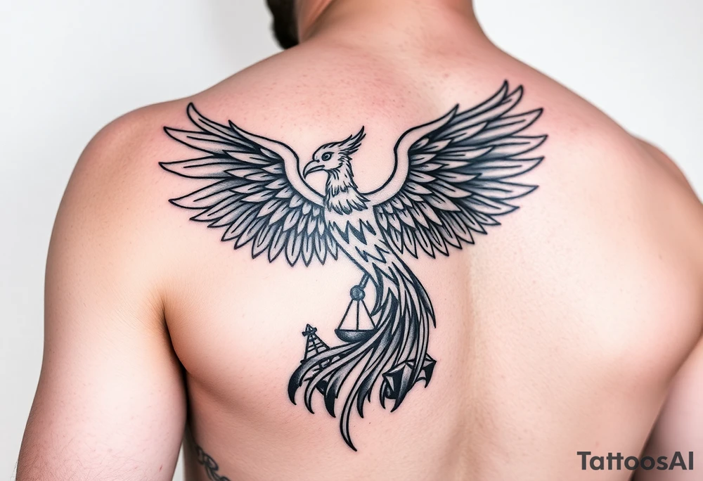 Side arm tattoo with the phoenix rising from the ashes linked with libra sign and based on discipline and the help of God.Geometric and abstract style tattoo idea