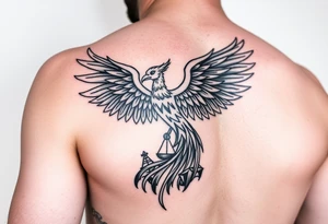 Side arm tattoo with the phoenix rising from the ashes linked with libra sign and based on discipline and the help of God.Geometric and abstract style tattoo idea