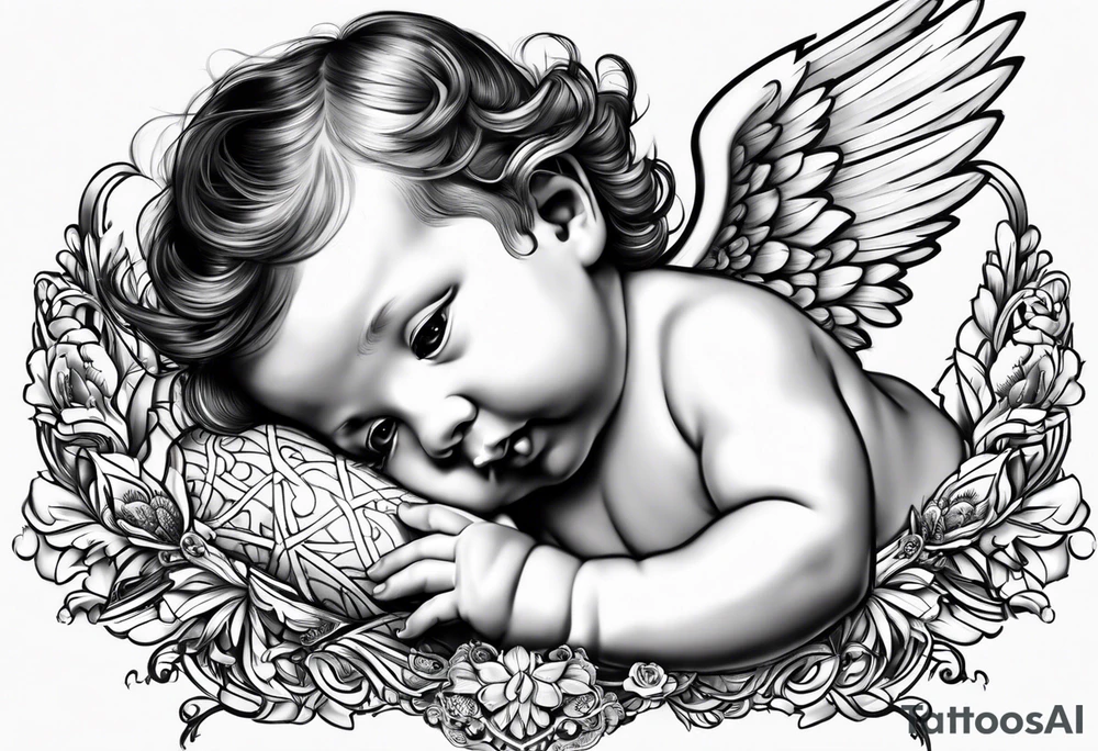 Baby Angel flying with name Leah tattoo idea