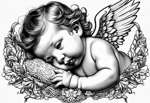 Baby Angel flying with name Leah tattoo idea