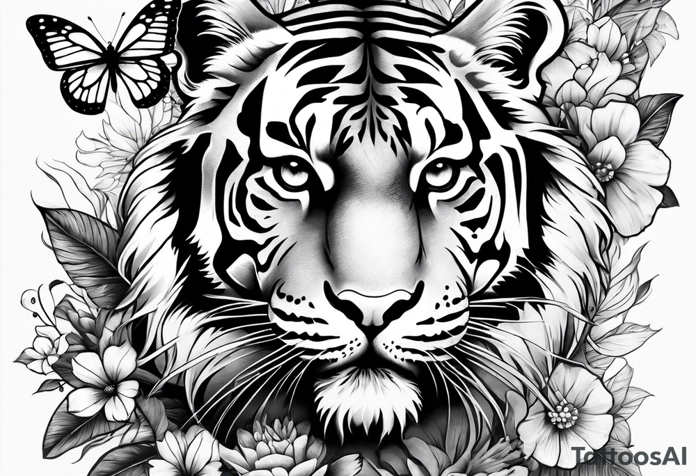tiger, 3 butterflies, flowers for ladies thigh / hip tattoo idea