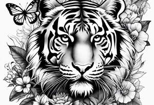 tiger, 3 butterflies, flowers for ladies thigh / hip tattoo idea