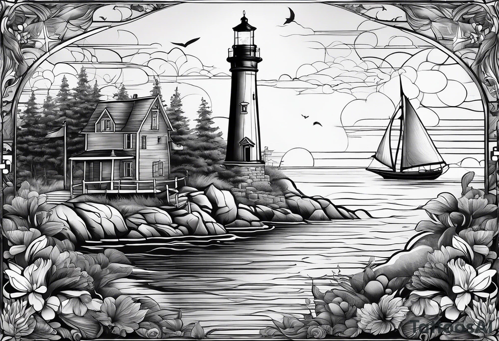 tattoo design of a serene seascape, with a lighthouse in the distance, guiding ships through the night tattoo idea