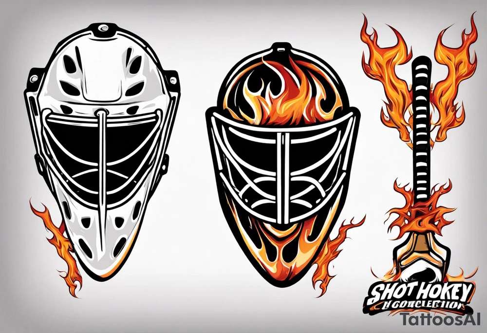 a goalie mask and crossed hockey sticks with flames that says "SHOT HOCKEY" tattoo idea