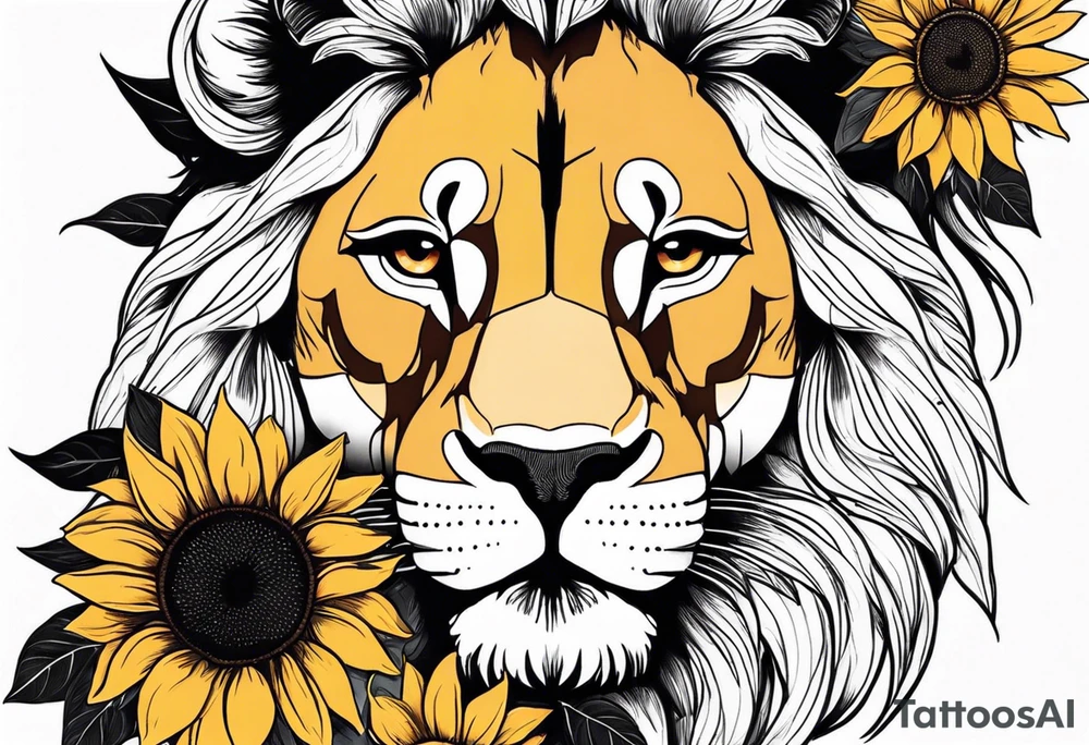 Female lion with half of face covered by sunflowers tattoo idea