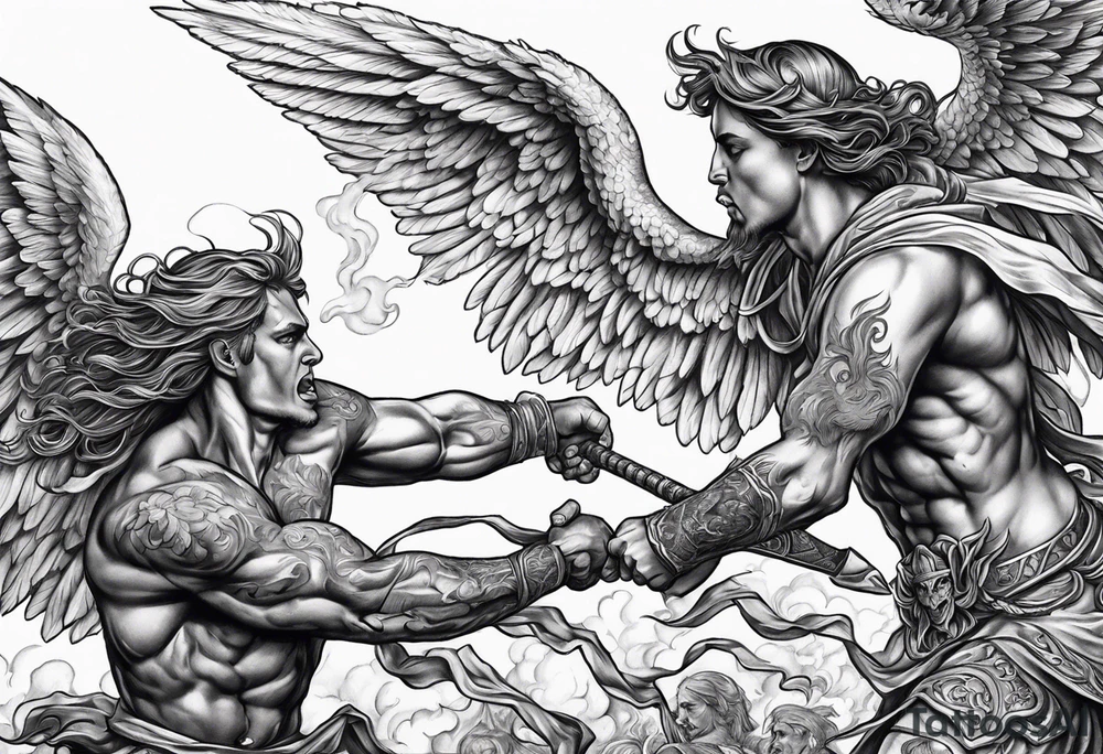 Angels fighting demons over fire with skuls in the background tattoo idea