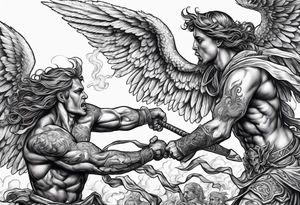 Angels fighting demons over fire with skuls in the background tattoo idea