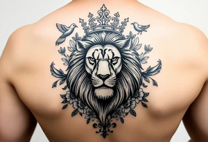 powerful majestic lion with a crown, surrounded by floral ornaments and birds tattoo idea