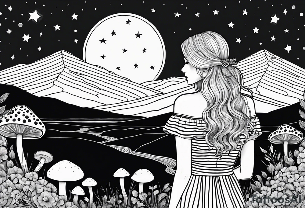 Straight blonde hair girl facing away toward mountains surrounded by mushrooms crescent moon circular design black and white striped dress tattoo idea