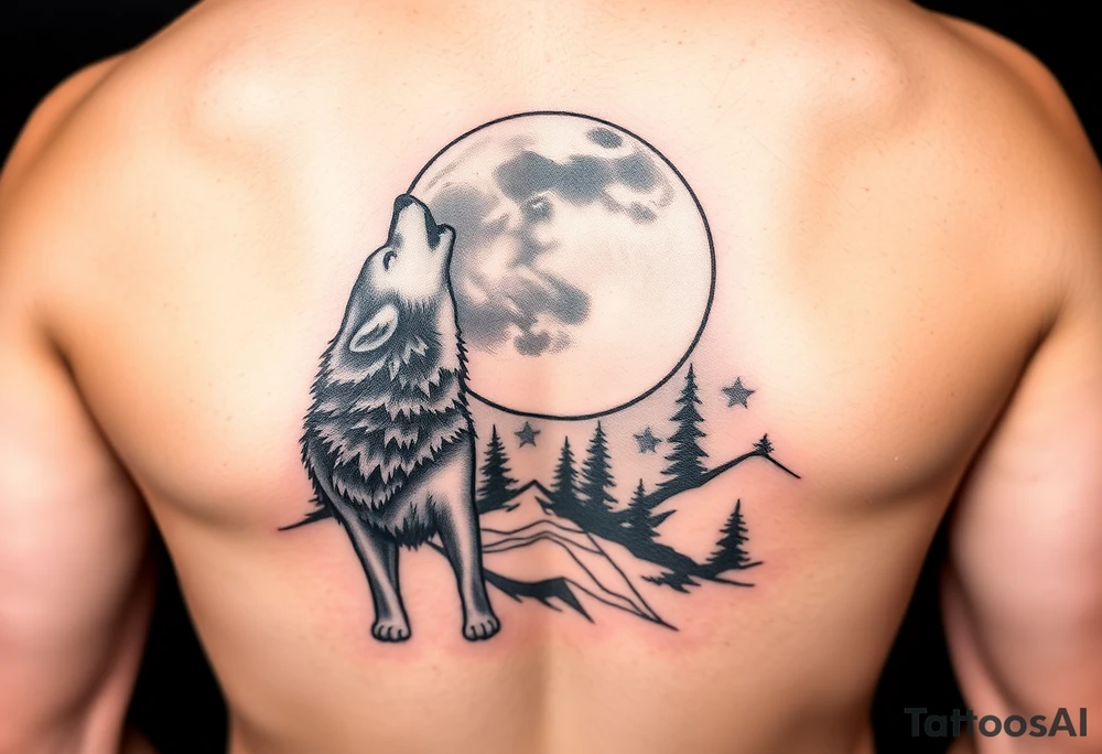 lone wolf howling at full moon with northern lights backdrop tattoo idea