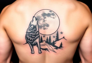 lone wolf howling at full moon with northern lights backdrop tattoo idea
