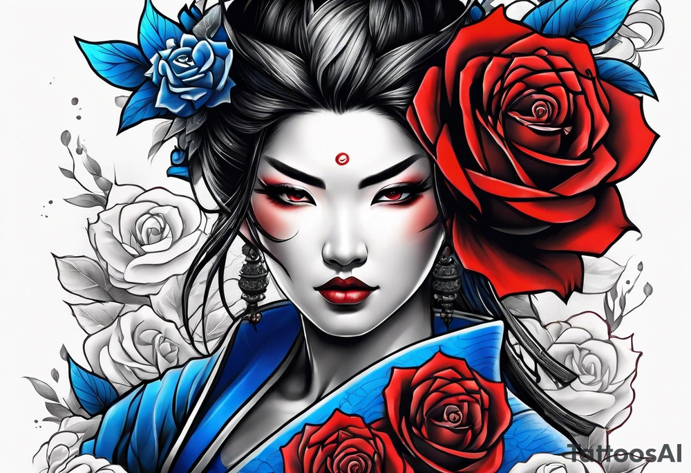 Samurai woman Colored blue and red roses tattoo idea