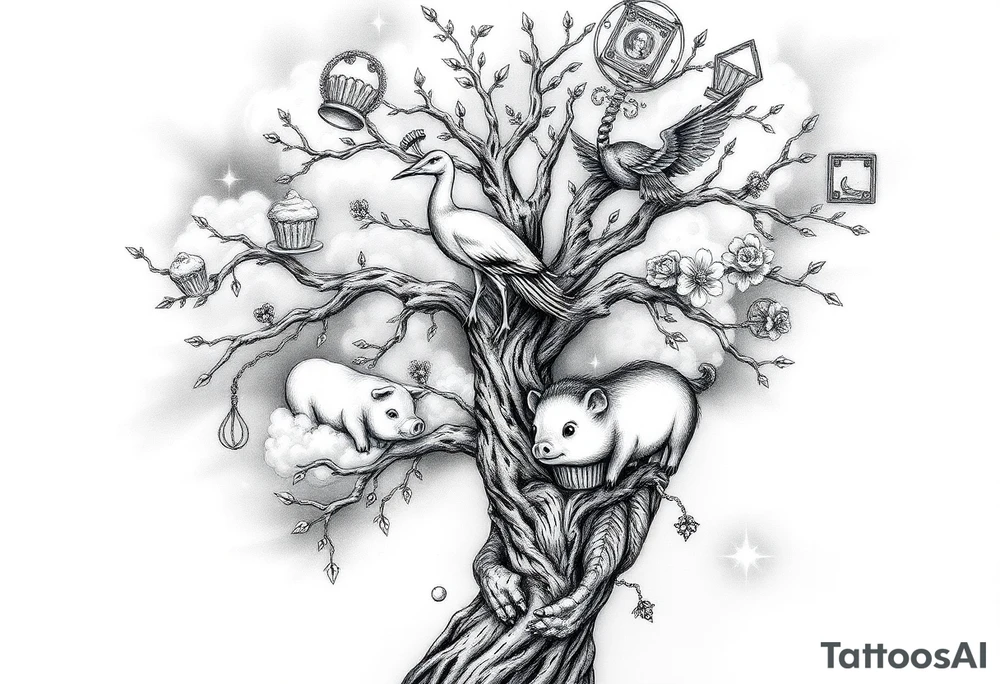 mystical tree with  and celestial branches fat naked sexy woman , peacock , pig , cupcakes, liquor, cigerette, Storm clouds, pig, peacock , fat sexy naked fat woman, cupcakes, noose , money, goat lion, couple having sex, cigerette storm lightening, killing, darkness death, violent majestic creatures tattoo idea