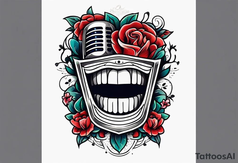 traditional vintage tattoo of mouth singing in microphone simple  flowers and banner
no face tattoo idea