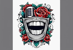 traditional vintage tattoo of mouth singing in microphone simple  flowers and banner
no face tattoo idea
