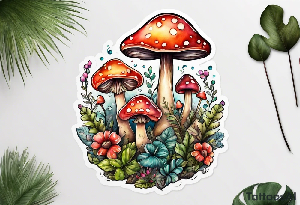 Happy mushroom surrounded by smaller plants tattoo idea