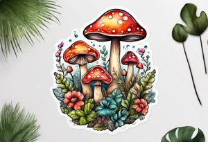 Happy mushroom surrounded by smaller plants tattoo idea