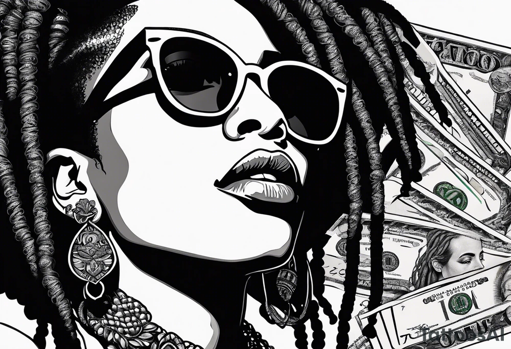 african woamn with dread locks and un glasses biting money tattoo idea
