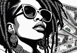 african woamn with dread locks and un glasses biting money tattoo idea