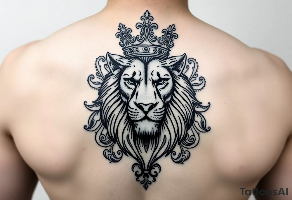majestic lion wearing ornate crown, surrounded by baroque flourishes tattoo idea