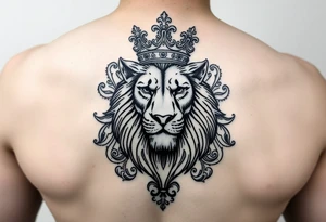 majestic lion wearing ornate crown, surrounded by baroque flourishes tattoo idea