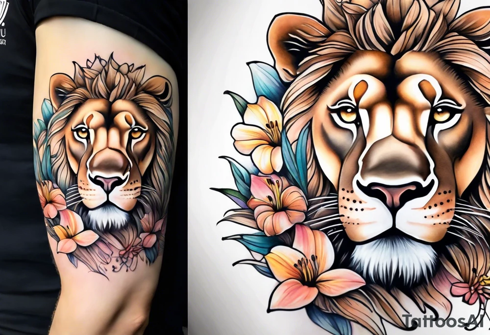 light brown pastel lion face with lily flowers in pastel colors covering it, cool tones for half arm sleeve tattoo idea