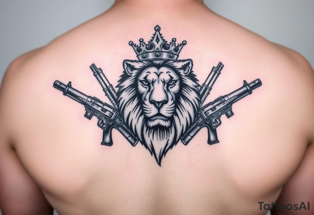 lion with a crown, surrounded guns tattoo idea