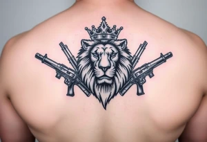 lion with a crown, surrounded guns tattoo idea