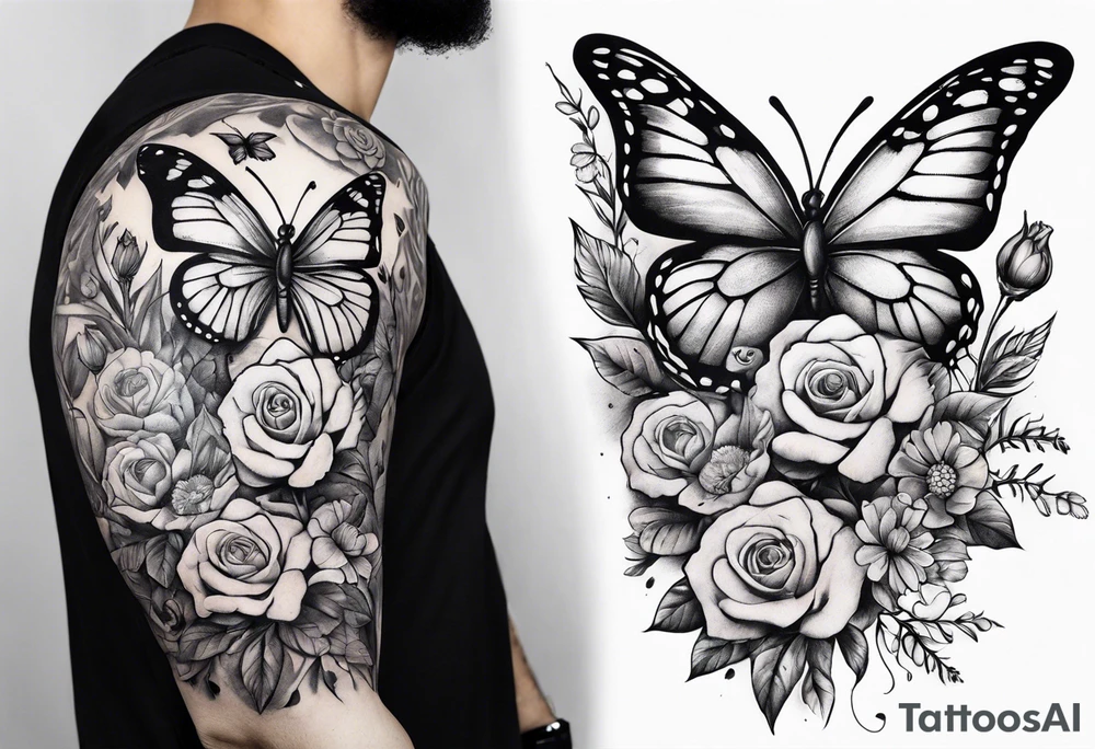 Life to death sleeve with butterflies and flowers tattoo idea