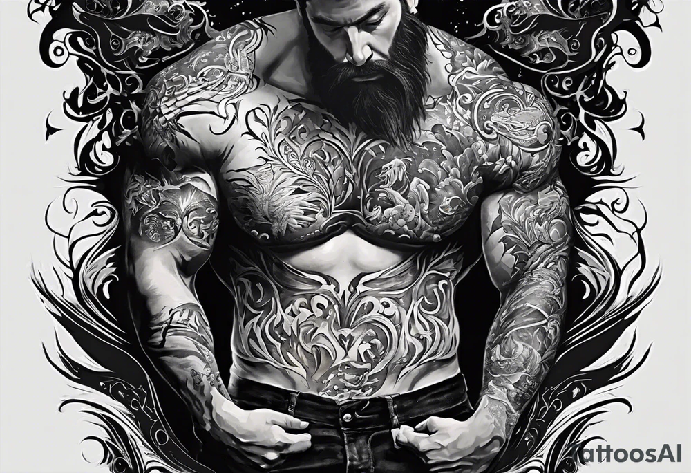 Creator for me a tatto design that consist in the following description, a man being held by the neck by his heart representing the emotions and fellings that make him stuck inside himself, on his side a beast represeting the rage and inner fury inside, glowing with all the mistakes that were made. On the other side a angelical creature, try to preserve the good side of him, and wanting him to follow a good path. tattoo idea