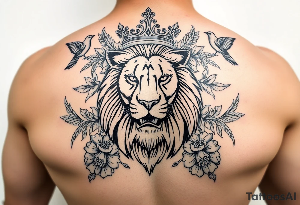 powerful majestic lion with a crown, surrounded by floral ornaments and birds tattoo idea