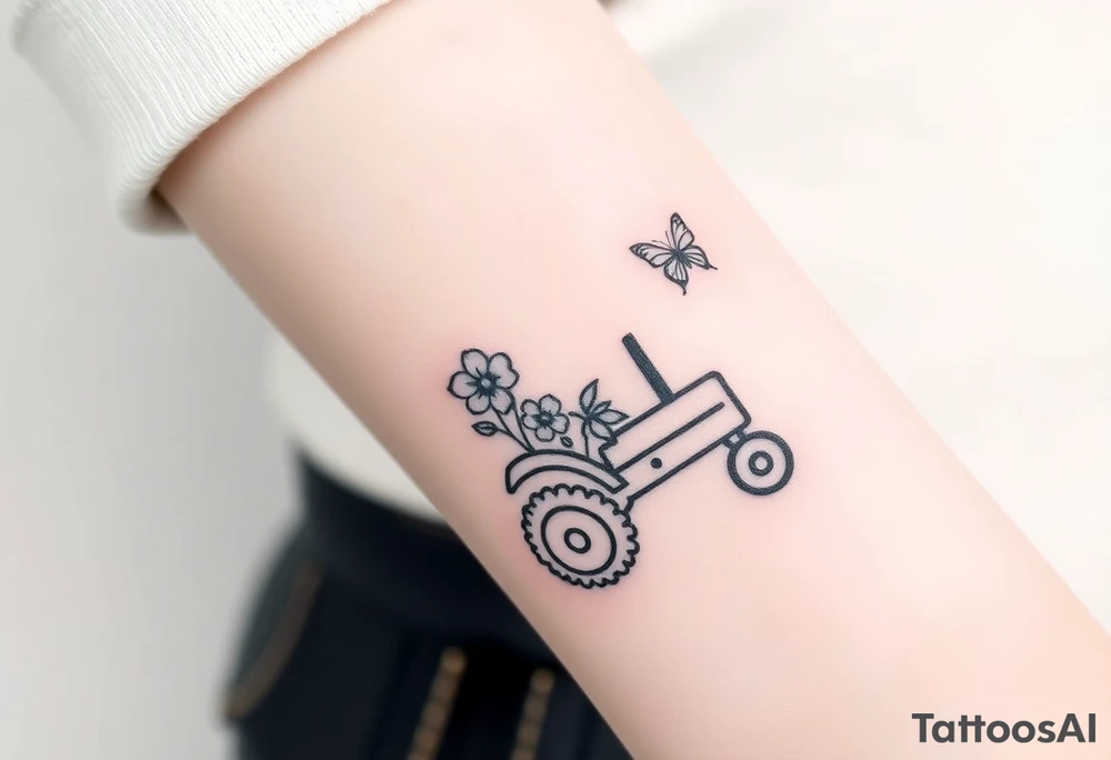 A small feminine tractor with flowers on the tractor and butterfly tattoo idea