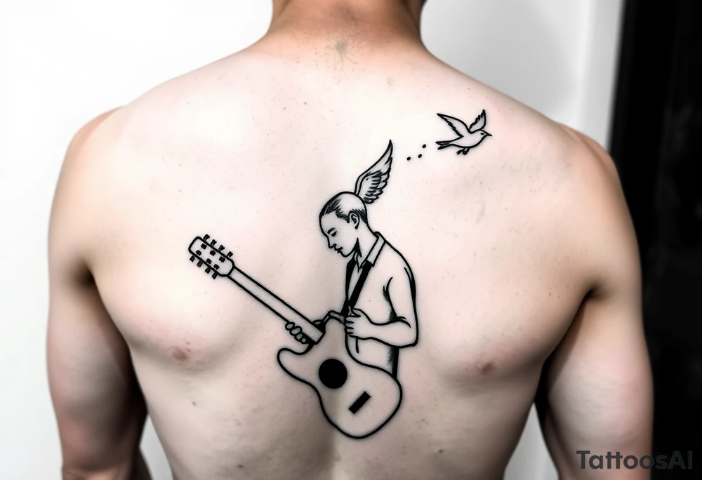 Person playing guitar with top half of head off and a bird flying out of head tattoo idea