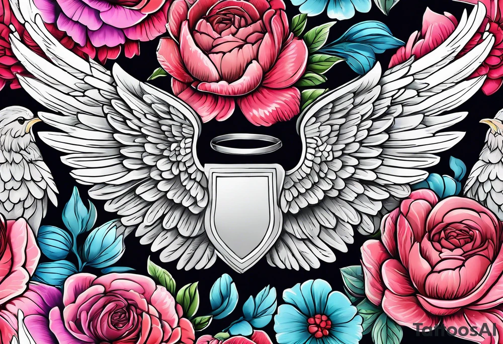 beautiful angel wings with floral peonies, roses, neon, brightly colored. highly detailed, tattoo idea