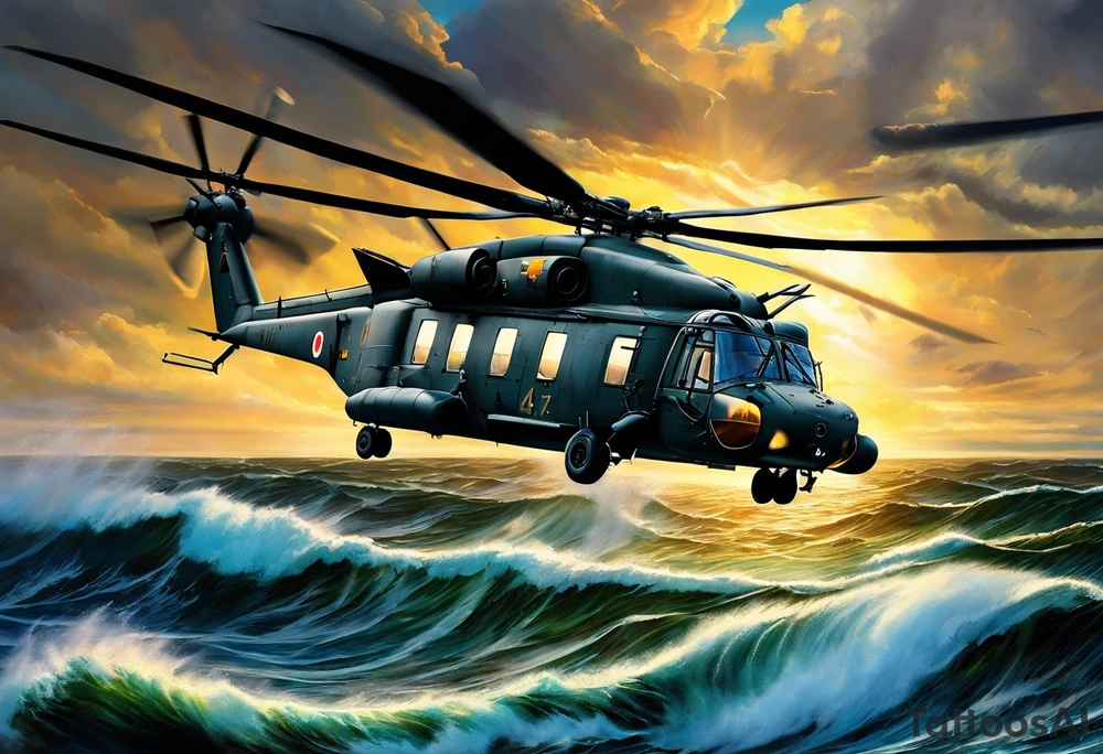 A cinematic-style tattoo depicting a Canadian military CH-148 Cyclone helicopter performing a daring maneuver over a turbulent ocean. The sky should be filled with dramatic clouds, and the sun should be setting, casting long shadows. The helicopter should be the main focus, with intricate details and a sense of motion. In the background, a poppy should be prominently displayed, and a quote from 'Lest We Forget' should be included, black and white tattoo tattoo idea
