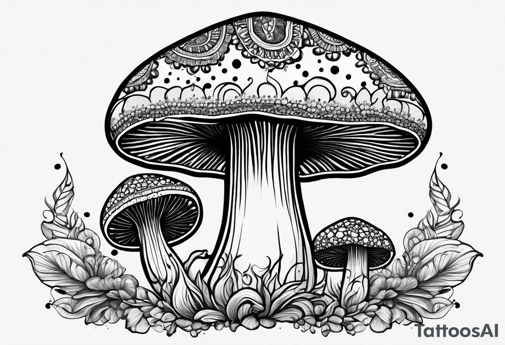 Large Shaggy cap mushroom dripping ink off cap with 4 smaller mushrooms around it mandala henna black tattoo design tattoo idea