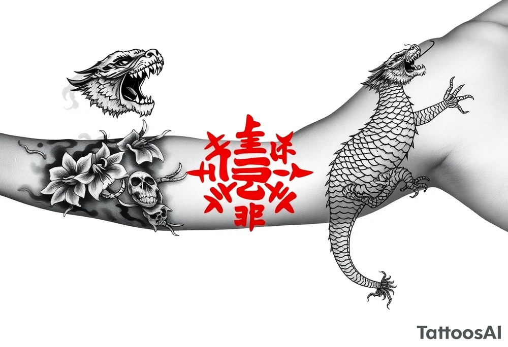 Dragon flying up on right side, tiger with skulls crawling down on left, centered kanji tattoo (red), big red spider lilies in background, smoke/cloud effects. Outer forearm sleeve tattoo idea