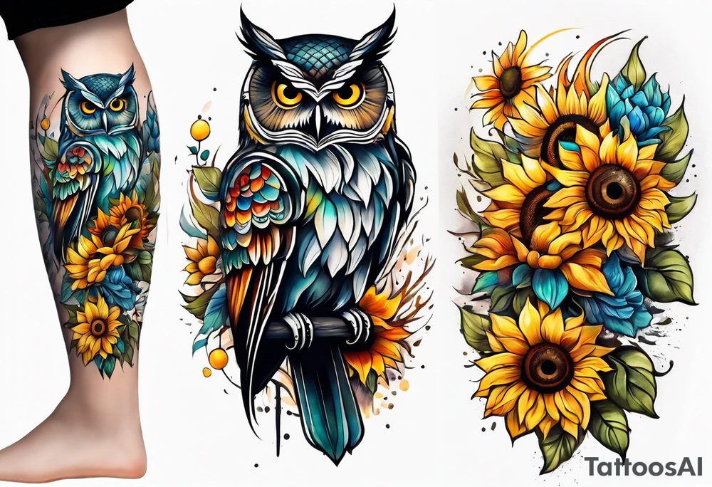 Leg sleeve with colorful sunflowers and an owl tattoo idea