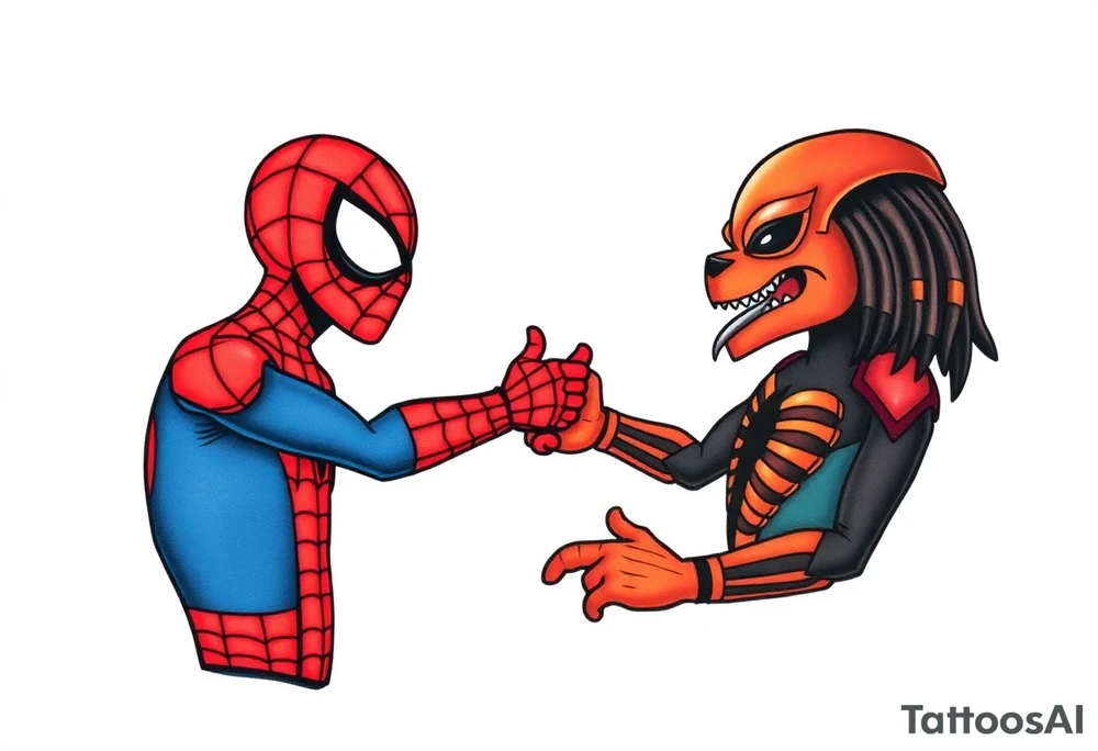 Spider-man and elmo meeting and doing the predator handshake tattoo idea