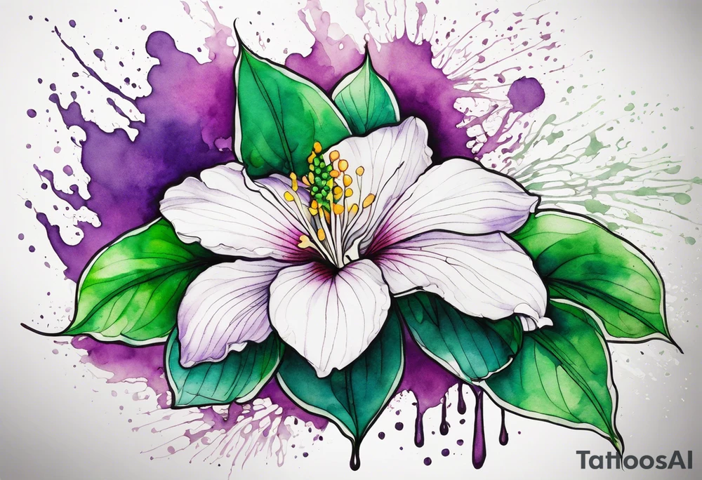 An outline of an only green rio dipladenia flower and a green and purple watercolor splash in the background tattoo idea
