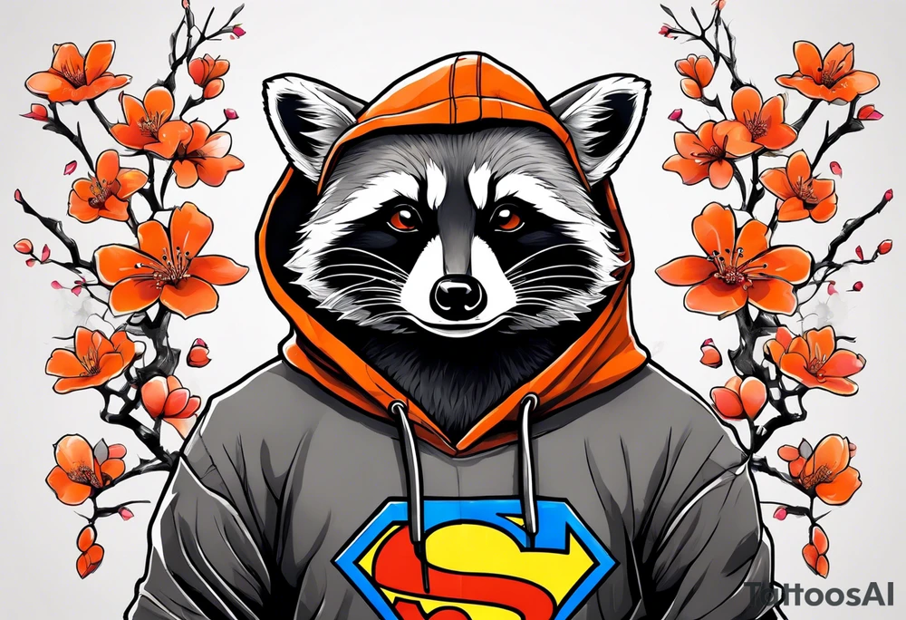 raccoon wearing a black and white Superman hoodie and orange Japanese cherry blossoms tattoo idea