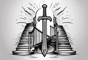 Valhalla 
 sword stairs axe mist tattoo idea