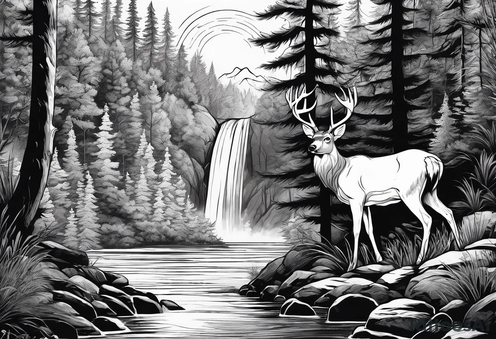 Water fall in a forest with a deer tattoo idea