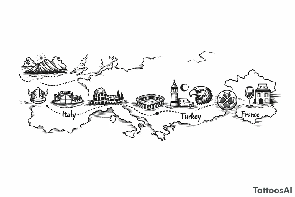 A football journey no crests
A fine-line world map or stylized route connecting Iceland ➔ Italy ➔ Spain ➔ Turkey ➔ Hungary ➔ France, with minimalist markers for each club.
Iceland x3 (sindri, ibv, stjarnan)
Italy x2 (Verona, Sassuolo)
Spain (Logrono)
Turkey x2 (Fenerbahce, Besiktas)
Hungary (Fradi)
France (Bordeaux) tattoo idea