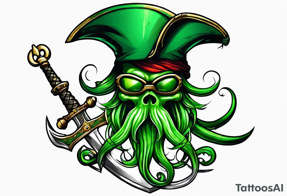 green pirate squid holding sword and anchor tattoo idea