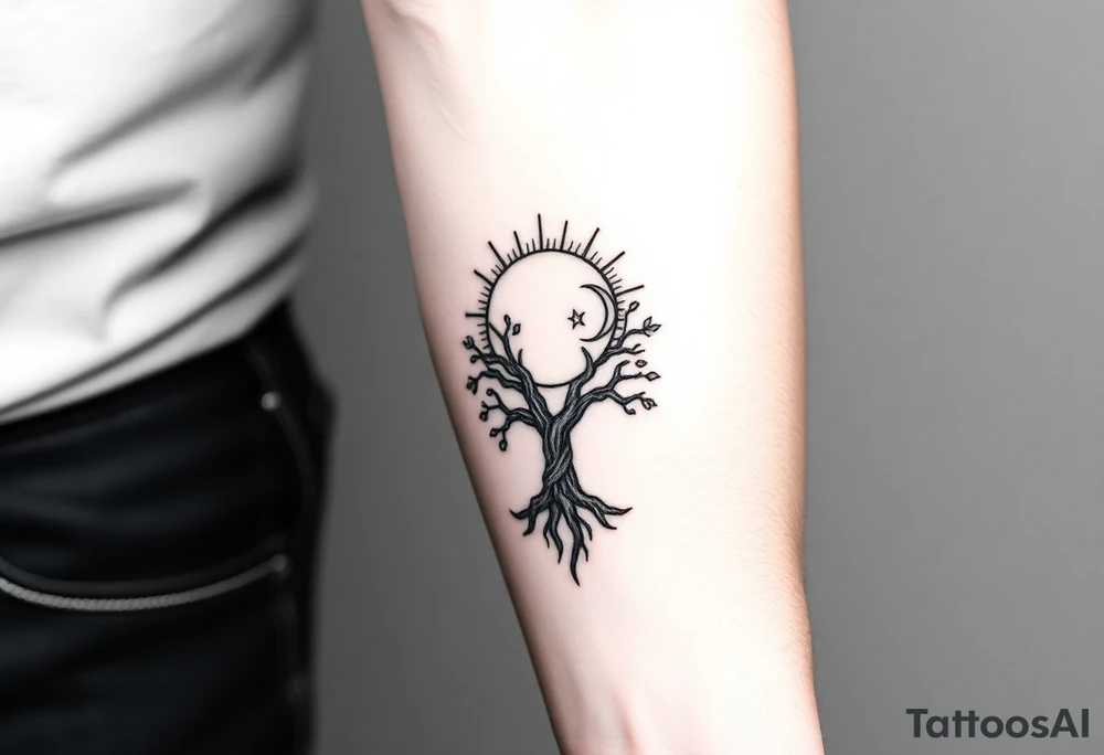 Sun and moon above tree of life tattoo idea