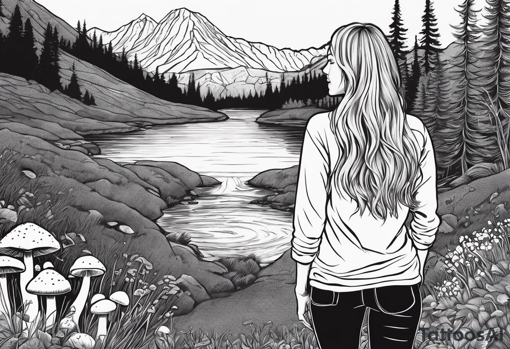 Whole picture encircled fully

Straight long blonde hair hippie girl in distance holding mushrooms in hand facing away toward mountains and creek surrounded by mushrooms long sleeve shirt and hiking pants; whole rendering within a full circle, no cut off circle tattoo idea